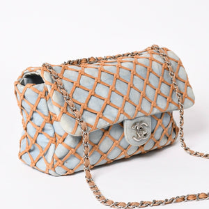 CHANEL シャネル デカマトラッセ30 Sフラップ Wチェーンショルダーバッグ 14番台 ココマーク デニム 編み込み ブルー 美品 中古 4a003841