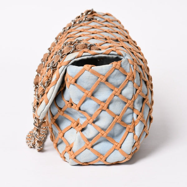 CHANEL シャネル デカマトラッセ30 Sフラップ Wチェーンショルダーバッグ 14番台 ココマーク デニム 編み込み ブルー 美品 中古 4a003841