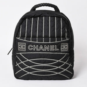 CHANEL CHANEL Sportsline Backpack Rucksack No. 10 Here Mark Nylon Stitch Black White Good Condition Used 4a003832