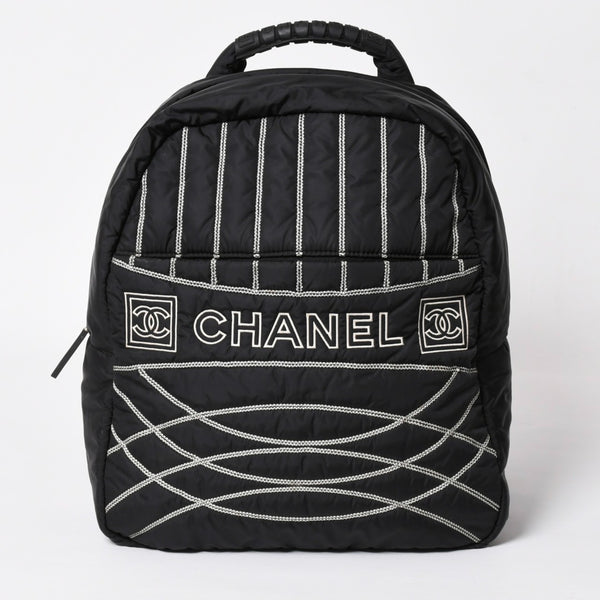 CHANEL CHANEL Sportsline Backpack Rucksack No. 10 Here Mark Nylon Stitch Black White Good Condition Used 4a003832