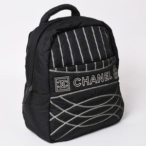 CHANEL CHANEL Sportsline Backpack Rucksack No. 10 Here Mark Nylon Stitch Black White Good Condition Used 4a003832