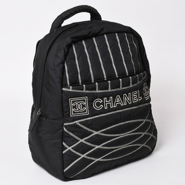 CHANEL CHANEL Sportsline Backpack Rucksack No. 10 Here Mark Nylon Stitch Black White Good Condition Used 4a003832