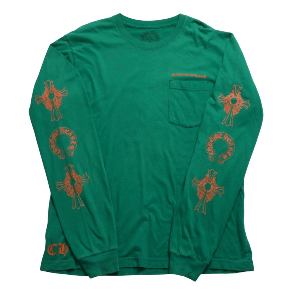 Mint condition Chrome Hearts long-sleeved t-shirt, horseshoe design, size F.W23 American-made cotton, green and orange, size L, used. 4a003782