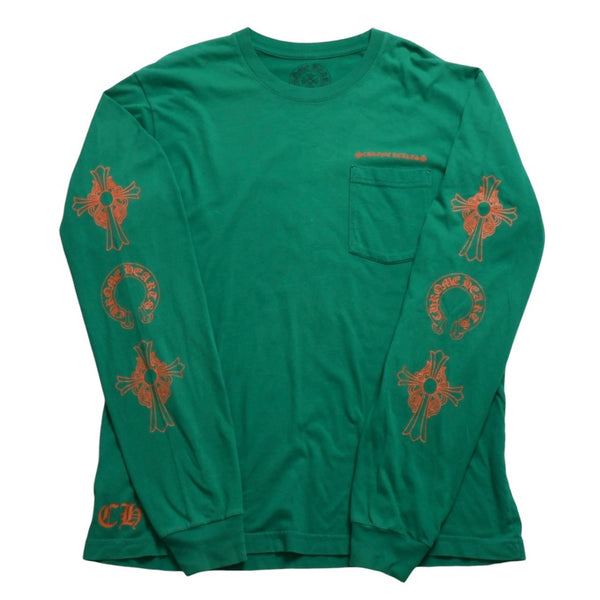 Mint condition Chrome Hearts long-sleeved t-shirt, horseshoe design, size F.W23 American-made cotton, green and orange, size L, used. 4a003782