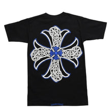 画像をギャラリービューアに読み込む, 極美品 CHROME HEARTS クロムハーツ Tシャツ ブルー ブラック ケルティッククロスロゴ フローラルロゴ サイズS 中古 4a003865