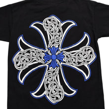 画像をギャラリービューアに読み込む, 極美品 CHROME HEARTS クロムハーツ Tシャツ ブルー ブラック ケルティッククロスロゴ フローラルロゴ サイズS 中古 4a003865