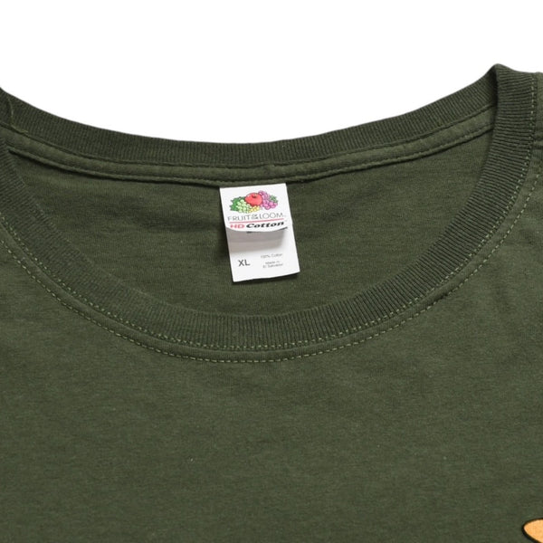 極美品 フルーツオブザルーム グラフィックTシャツ 男性イラストデザイン オリーブ ミリタリーカラー XLサイズ 中古 4a003428