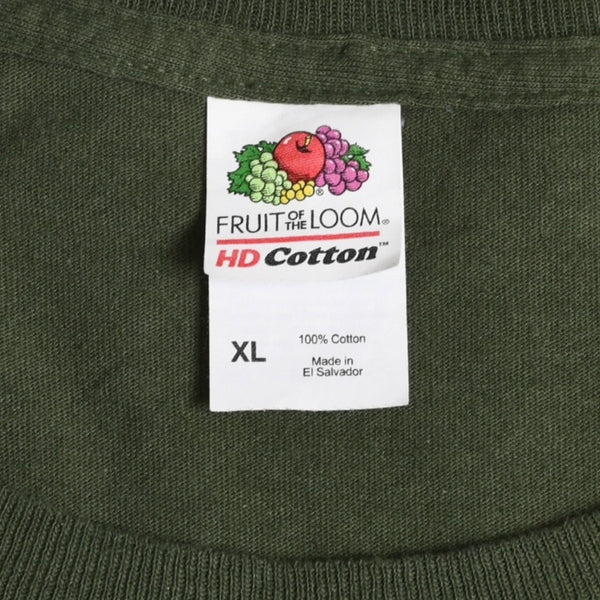 極美品 フルーツオブザルーム グラフィックTシャツ 男性イラストデザイン オリーブ ミリタリーカラー XLサイズ 中古 4a003428