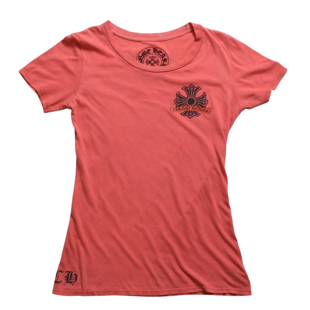 CHROME HEARTS Women's Short Sleeve T-Shirt Horseshoe Floral Cross Scroll Label CH Plus Salmon Pink Tight Silhouette M Size Good Condition Used 4a003860