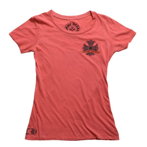 CHROME HEARTS Women's Short Sleeve T-Shirt Horseshoe Floral Cross Scroll Label CH Plus Salmon Pink Tight Silhouette M Size Good Condition Used 4a003860
