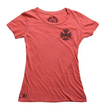 Load image into Gallery viewer, CHROME HEARTS クロムハーツ レディース半袖Tシャツ ホースシュー フローラルクロス スクロールラベル CHプラス サーモンピンク タイトシルエット Mサイズ 美品 中古 4a003860
