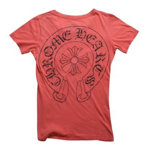 CHROME HEARTS Women's Short Sleeve T-Shirt Horseshoe Floral Cross Scroll Label CH Plus Salmon Pink Tight Silhouette M Size Good Condition Used 4a003860
