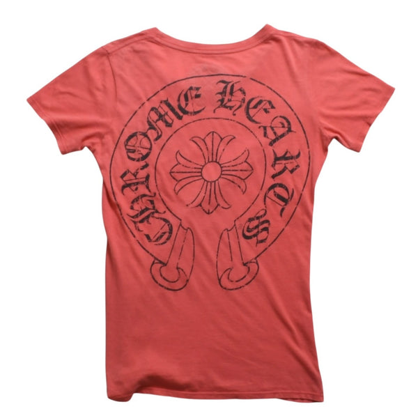 CHROME HEARTS Women's Short Sleeve T-Shirt Horseshoe Floral Cross Scroll Label CH Plus Salmon Pink Tight Silhouette M Size Good Condition Used 4a003860