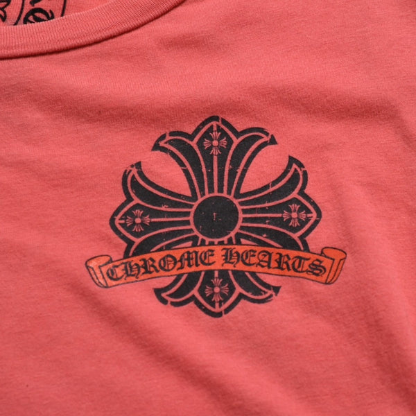 CHROME HEARTS Women's Short Sleeve T-Shirt Horseshoe Floral Cross Scroll Label CH Plus Salmon Pink Tight Silhouette M Size Good Condition Used 4a003860