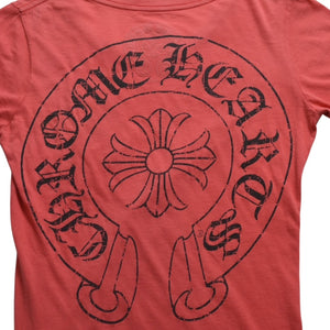 CHROME HEARTS Women's Short Sleeve T-Shirt Horseshoe Floral Cross Scroll Label CH Plus Salmon Pink Tight Silhouette M Size Good Condition Used 4a003860