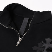画像をギャラリービューアに読み込む, 新品同様 CHROME HEARTS クロムハーツ レザークロスパッチ ハーフジップスウェット セメタリークロスパッチ パテントレザー ハラコ ラムレザー シルバー925 Sサイズ 中古 4a004023