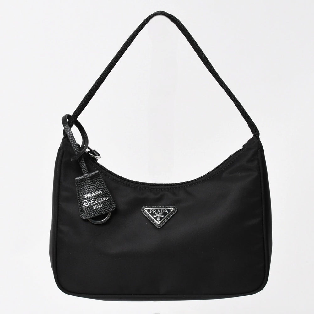 新品同様品 PRADA プラダ ホーボー ハンドバッグ MV515 トライアングルロゴ 三角ロゴプレート ナイロン ブラック 中古 4a003875