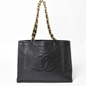 CHANEL シャネル チェーントートバッグ ジャンボトートバッグ デカココマーク ラムスキン ブラック シリアル不明 ゴールド金具 美品 中古 4a003911
