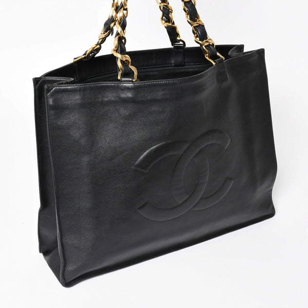 CHANEL シャネル チェーントートバッグ ジャンボトートバッグ デカココマーク ラムスキン ブラック シリアル不明 ゴールド金具 美品 中古 4a003911