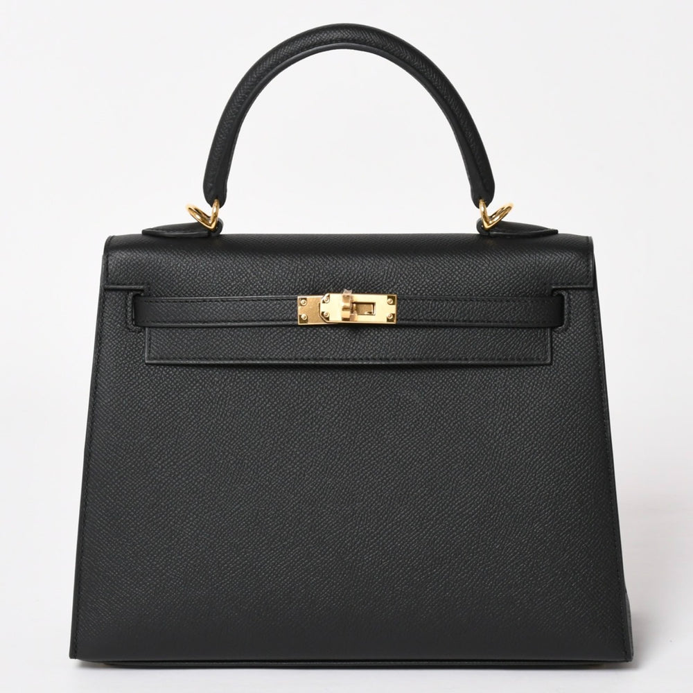 New and unused HERMES Kelly 25 G engraved outside stitching black Vaux Epson gold hardware used 4a003916