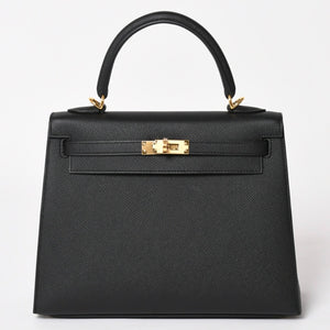 New and unused HERMES Kelly 25 G engraved outside stitching black Vaux Epson gold hardware used 4a003916