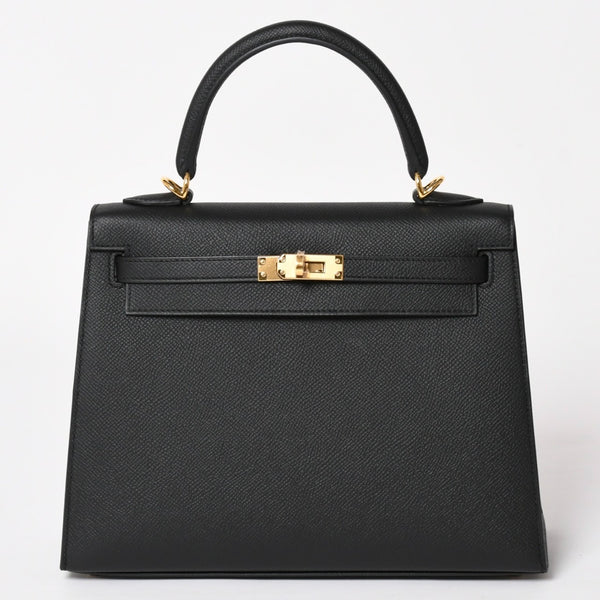 New and unused HERMES Kelly 25 G engraved outside stitching black Vaux Epson gold hardware used 4a003916