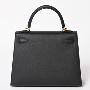 New and unused HERMES Kelly 25 G engraved outside stitching black Vaux Epson gold hardware used 4a003916