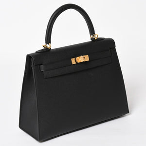 New and unused HERMES Kelly 25 G engraved outside stitching black Vaux Epson gold hardware used 4a003916