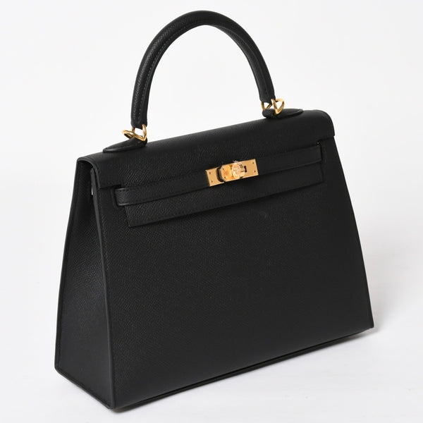 New and unused HERMES Kelly 25 G engraved outside stitching black Vaux Epson gold hardware used 4a003916