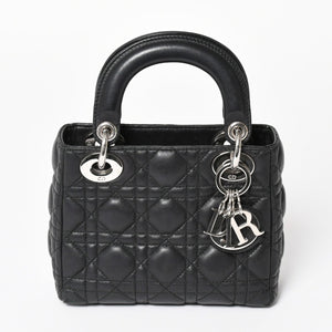 Christian Dior Lady Dior Handbag 4a003935 Cannage Lambskin Black 04-MA-1120 Silver Hardware Good Condition Used 4a003935
