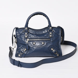 極美品 BALENCIAGA バレンシアガ CLASSIC MINI CITY 519938 ミニシティ 2WAY ハンドバッグ ネイビー 中古 4a003979