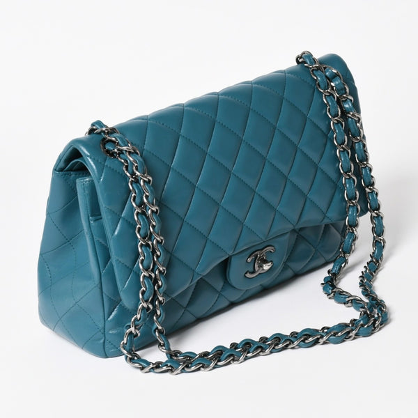 CHANEL Deca Matelasse 30 W Flap W Chain Shoulder Bag 15th Series Coco Mark Lambskin Turquoise Good Condition Used 4a003962