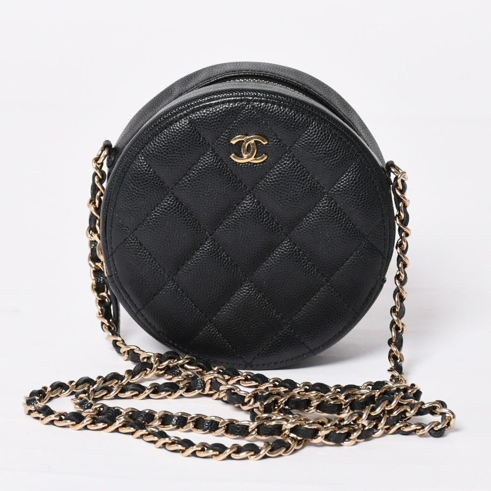 極美品 CHANEL シャネル ラウンド チェーンショルダーバッグ AP0245 30番台 ココマーク キャビアスキン ブラック 中古 4a003968
