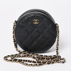 Very Good Condition CHANEL Round Chain Shoulder Bag AP0245 30s Coco Mark Caviar Skin Black Used 4a003968