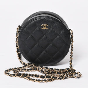 Very Good Condition CHANEL Round Chain Shoulder Bag AP0245 30s Coco Mark Caviar Skin Black Used 4a003968