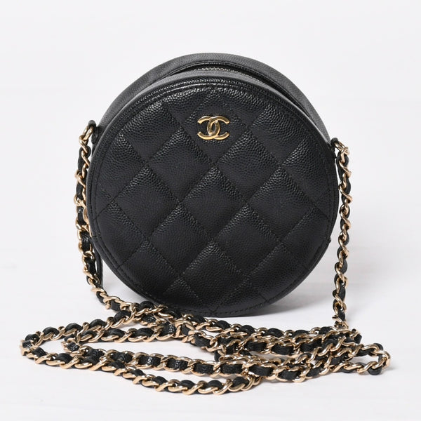 Very Good Condition CHANEL Round Chain Shoulder Bag AP0245 30s Coco Mark Caviar Skin Black Used 4a003968