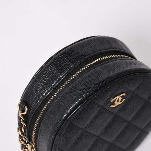 Very Good Condition CHANEL Round Chain Shoulder Bag AP0245 30s Coco Mark Caviar Skin Black Used 4a003968