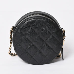 Very Good Condition CHANEL Round Chain Shoulder Bag AP0245 30s Coco Mark Caviar Skin Black Used 4a003968