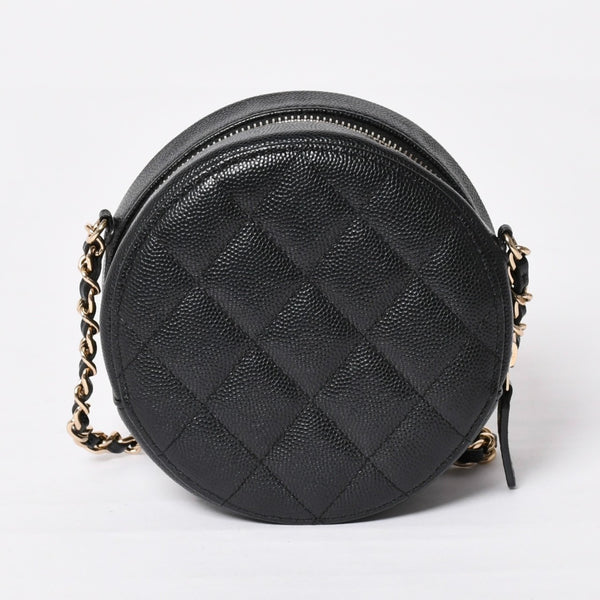 Very Good Condition CHANEL Round Chain Shoulder Bag AP0245 30s Coco Mark Caviar Skin Black Used 4a003968