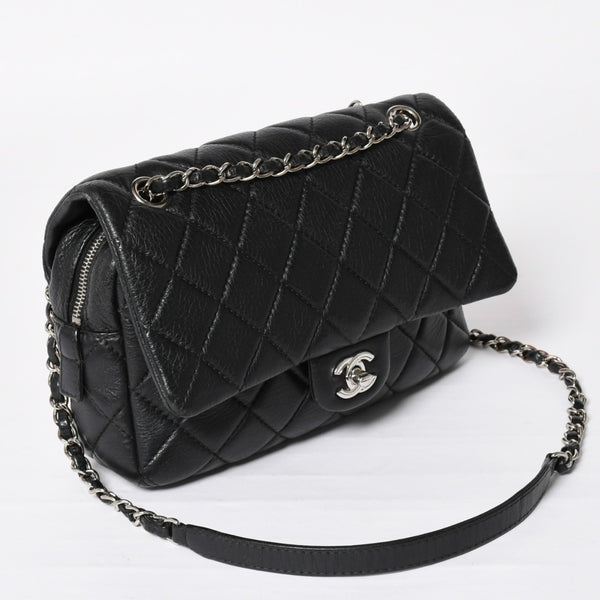 Very Good Condition CHANEL S Flap W Chain Shoulder Bag No. 21 Coco Mark Lambskin Black Silver Hardware Used 4a003966