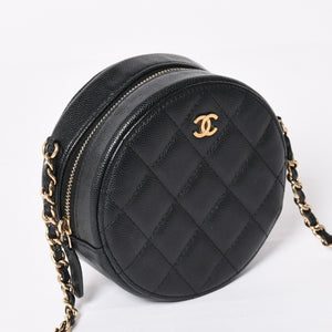 Very Good Condition CHANEL Round Chain Shoulder Bag AP0245 30s Coco Mark Caviar Skin Black Used 4a003968