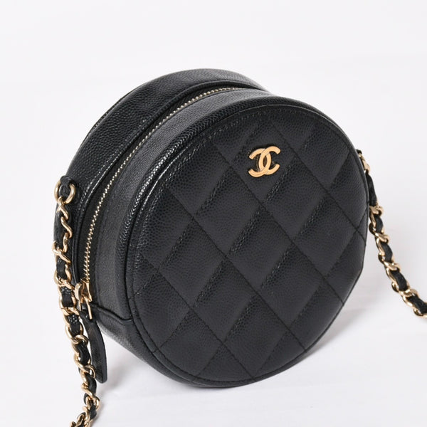 Very Good Condition CHANEL Round Chain Shoulder Bag AP0245 30s Coco Mark Caviar Skin Black Used 4a003968