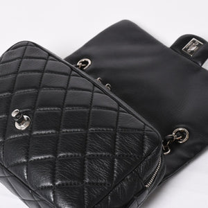 Very Good Condition CHANEL S Flap W Chain Shoulder Bag No. 21 Coco Mark Lambskin Black Silver Hardware Used 4a003966