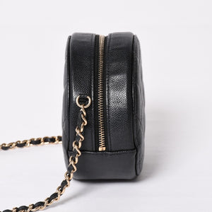 Very Good Condition CHANEL Round Chain Shoulder Bag AP0245 30s Coco Mark Caviar Skin Black Used 4a003968