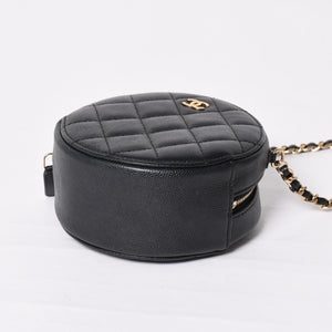 Very Good Condition CHANEL Round Chain Shoulder Bag AP0245 30s Coco Mark Caviar Skin Black Used 4a003968