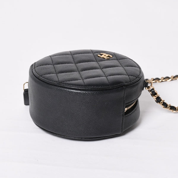 Very Good Condition CHANEL Round Chain Shoulder Bag AP0245 30s Coco Mark Caviar Skin Black Used 4a003968
