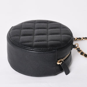 Very Good Condition CHANEL Round Chain Shoulder Bag AP0245 30s Coco Mark Caviar Skin Black Used 4a003968