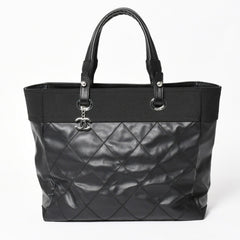 Very Good Condition Rare Item CHANEL Tote Bag Paris Biarritz Coated Canvas Leather Black 17th Series Used 4a003954