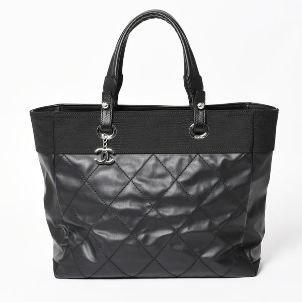 Very Good Condition Rare Item CHANEL Tote Bag Paris Biarritz Coated Canvas Leather Black 17th Series Used 4a003954
