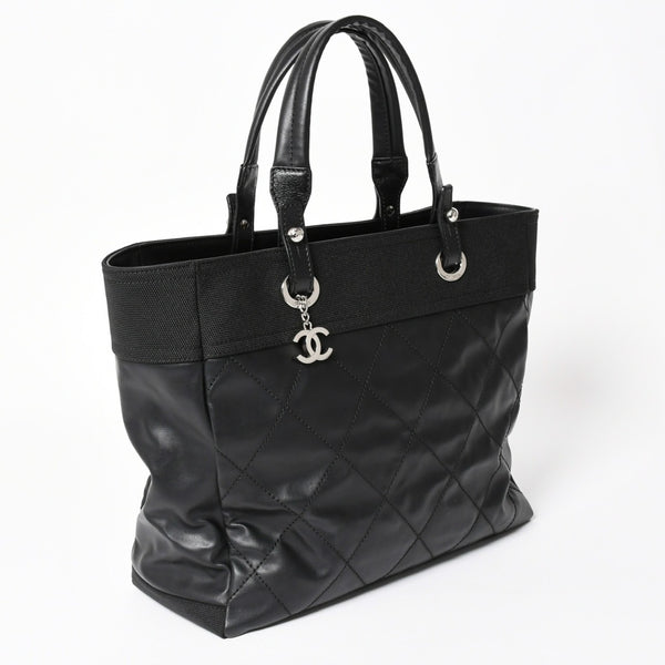Very Good Condition Rare Item CHANEL Tote Bag Paris Biarritz Coated Canvas Leather Black 17th Series Used 4a003954